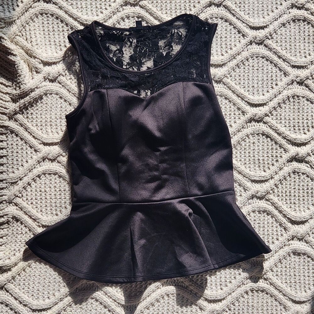 Iris black lace yoke cutout peplum top Size L